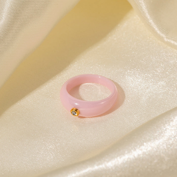 French Vintage Style Pink Round Diamond Inlaid Ring - 7mm Wide 18K Stainless Steel