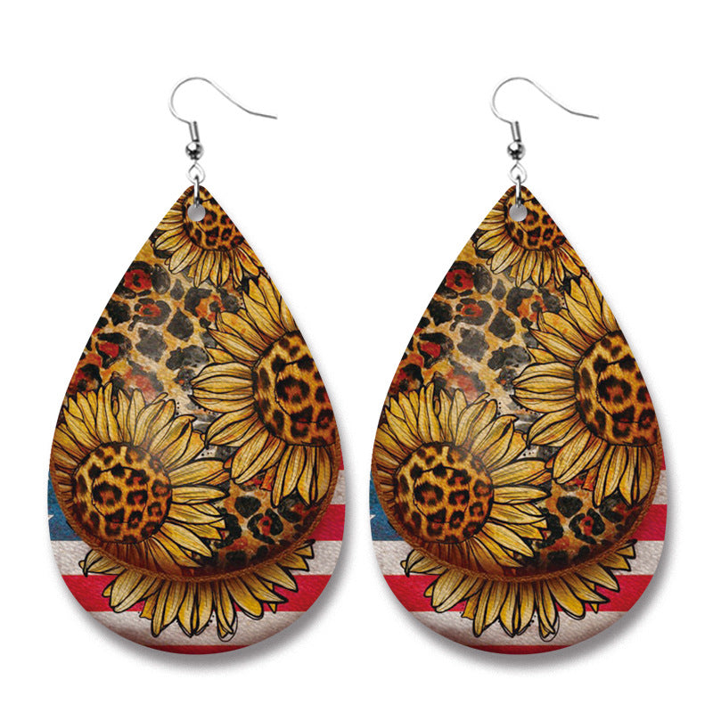 Christmas Farm Animal Western Sunflower PU Leather Earrings