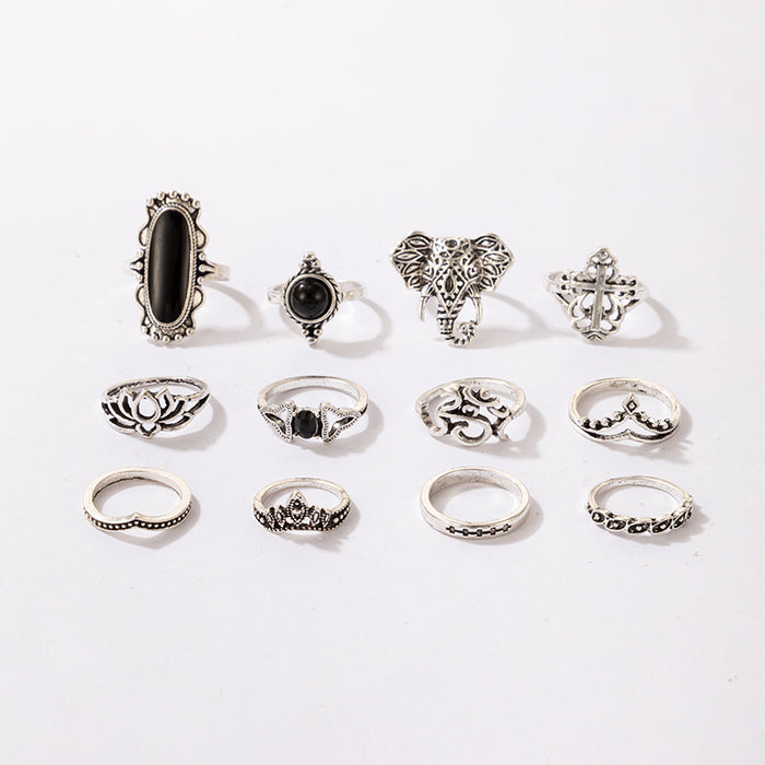 Vintage Lotus Animal Geometric Rings - 12pcs Set