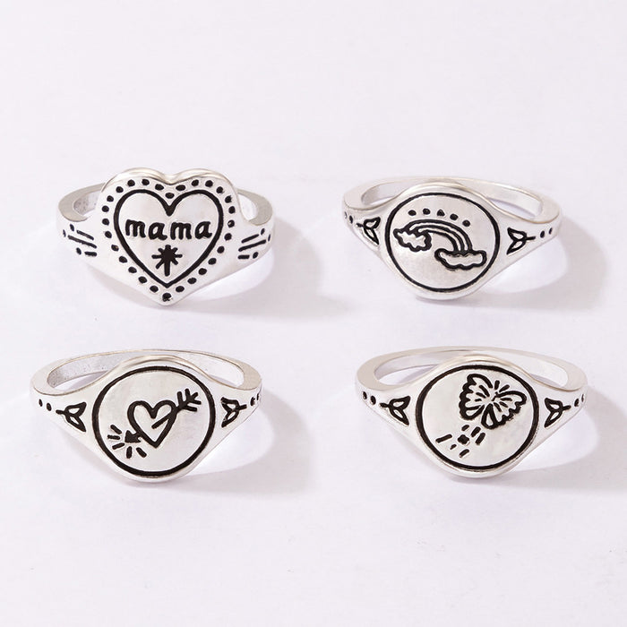 Vintage Alphabet Rainbow Butterfly Ring 4-Piece Set