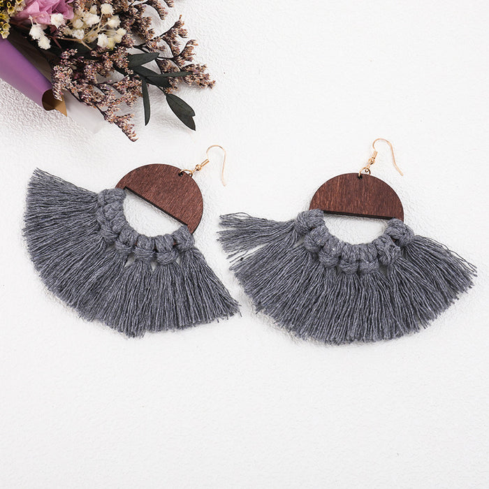 Macrame Handwoven Wooden Earrings with Natural Tassels in a Stylish Ethnic Design