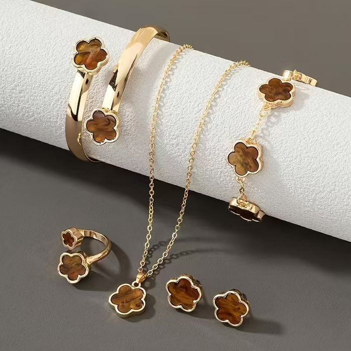 Wholesale 5-piece set of five-petal flower necklace, bracelet, bangle, earrings, and ring - wallojewerly 