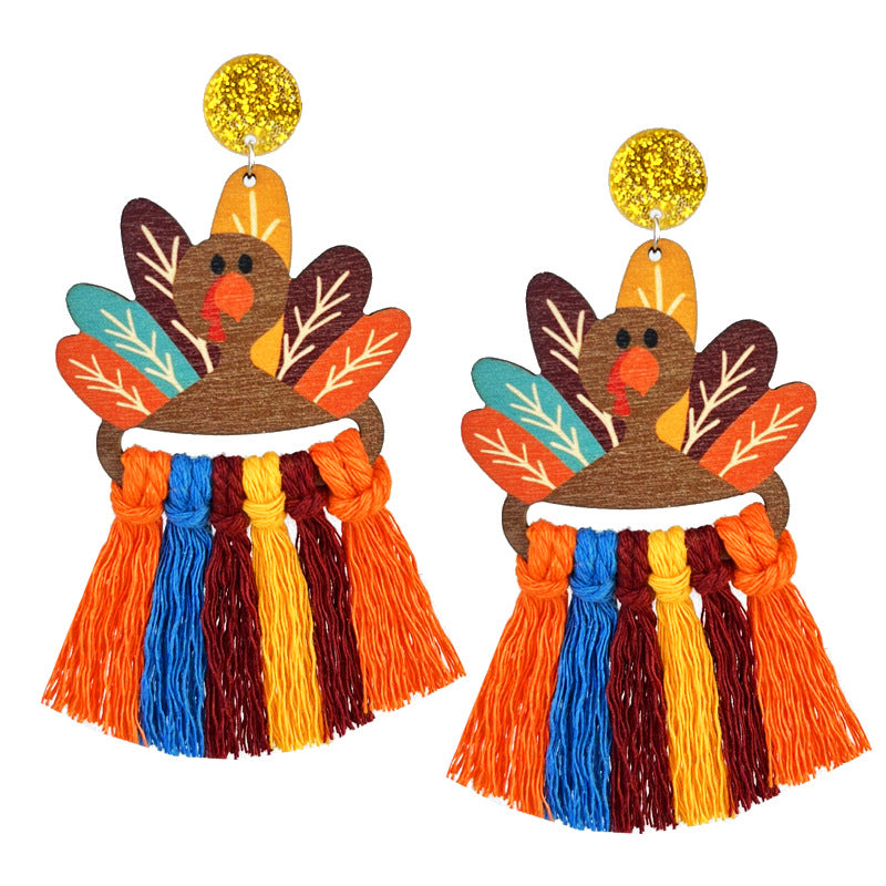 Thanksgiving Themed Woven Tassel Earrings with Turkey and Pumpkin Designs for Holiday Gatherings