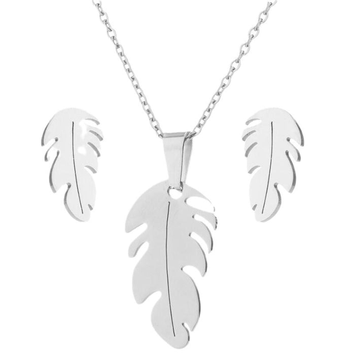 18K gold feather pendant necklace, new modern style small fresh leaf earrings jewelry set ins style