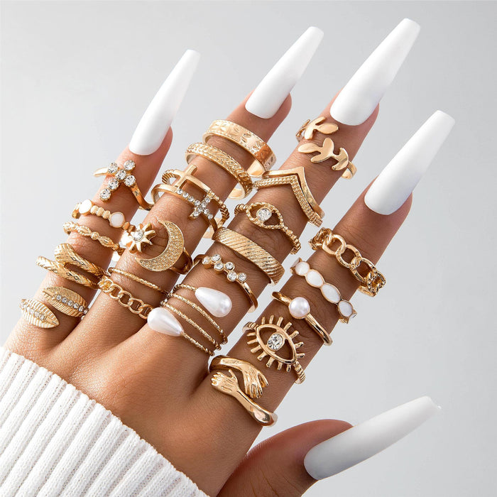 Multi-Joint Eye and Leaf Ring Set - 8-Piece Creative Pearl Rings for Women