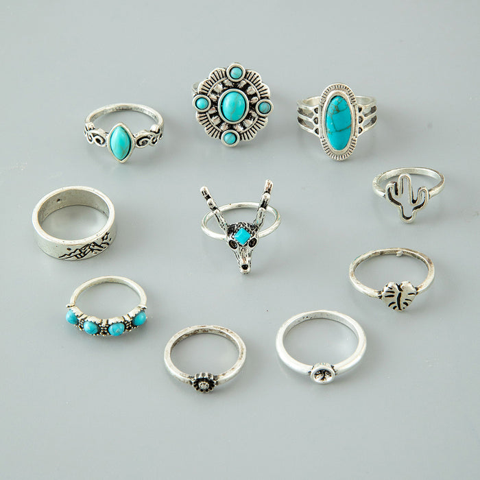 Turquoise Cactus Heart Rings - 10pcs Set