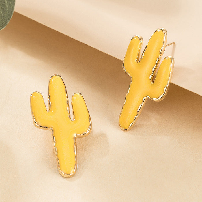 Yellow oil drop earrings geometric cactus stud earrings