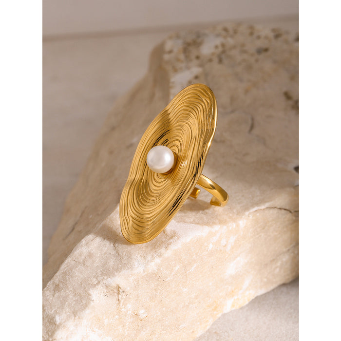 Exaggerated 18K Gold Plated Pearl Ring - High-End Stainless Steel Jewelry for Women