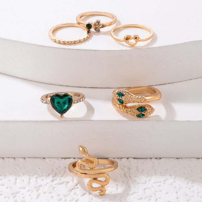 Emerald inlaid heart ring set, geometric snake zodiac six-piece set