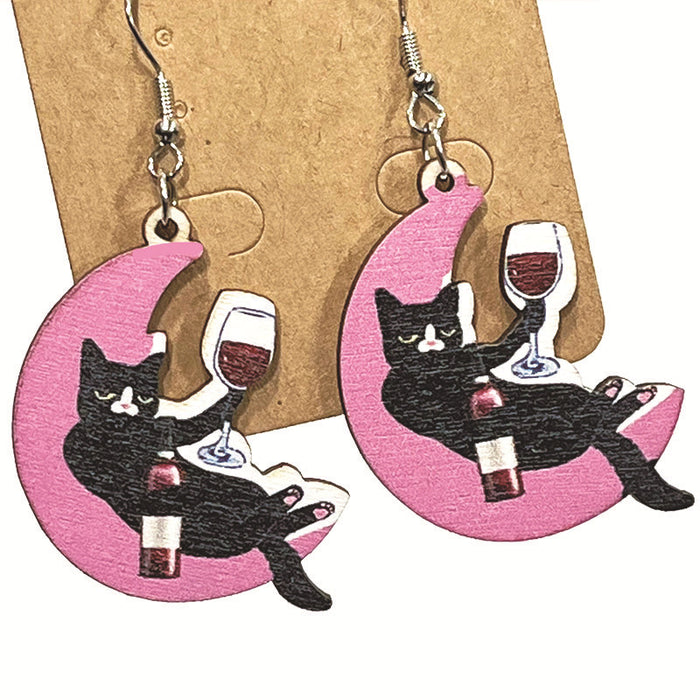 Wooden drinking cat earrings