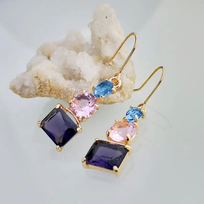 Pendientes de circonitas de colores mezclados en azul y rosa con temperamento, pendientes de moda medianos y largos