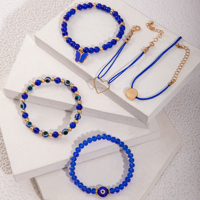 Handcrafted Blue Evil Eye Beaded Bracelet Set - Creative Butterfly Heart Jewelry