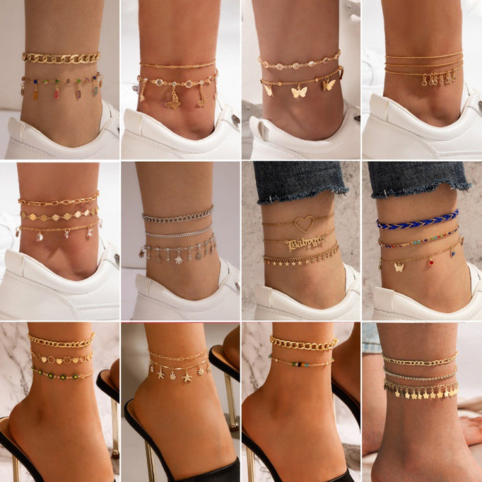 Bohemian Double-Layer Alloy Anklet - Trendy Colorful Tassel Ankle Bracelets