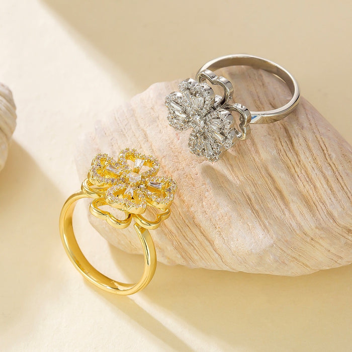 Wholesale micro-painted zircon rotating four-leaf clover open ring