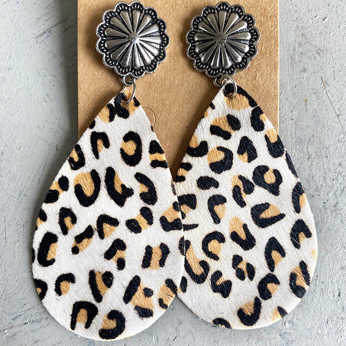 Animal Print Leather Earrings with Bohemian Long Hair and Pumpkin Flower Design