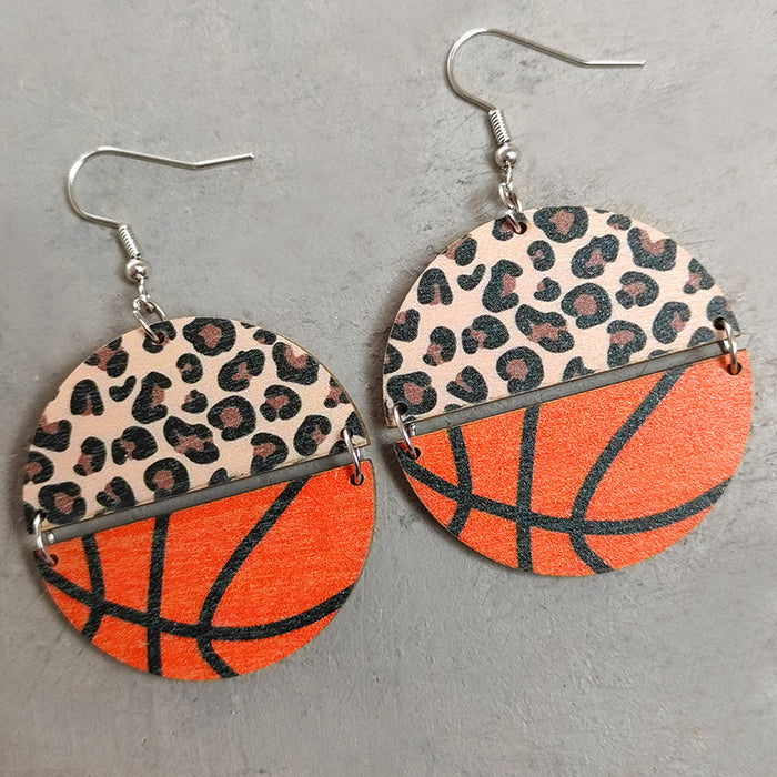 Sports Leopard Earrings with Half Circle Patchwork Baseball, Football, and Basketball Designs