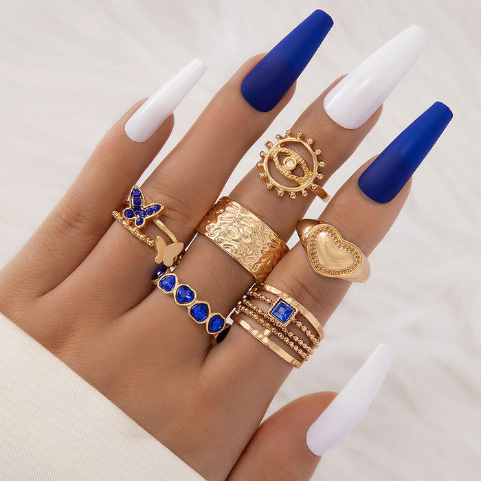 Gold and blue diamond butterfly sun eye six piece ring set