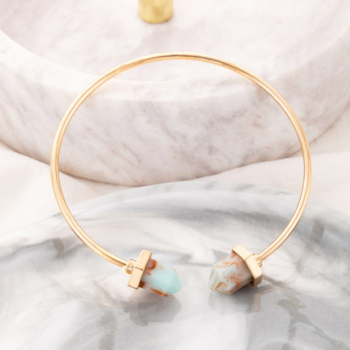 Simple Natural Stone Embedded Bracelet - Ethnic Hexagonal Prism Open Bangle