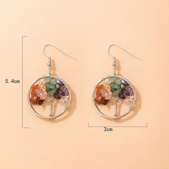 Imitation Natural Stone Tree of Life Earrings Geometric Round Ear Hooks