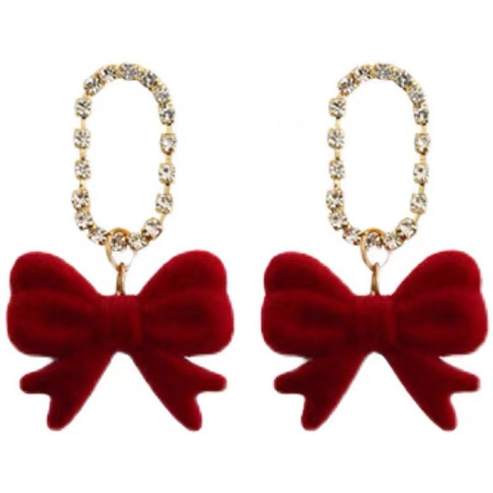 Black ribbon red bow earrings with diamond S925 silver autumn and winter new earrings