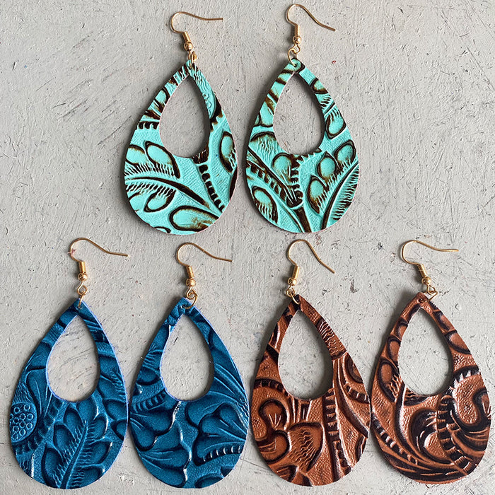 Classic Teardrop Cutout Embossed Leather Earrings with Vintage Style