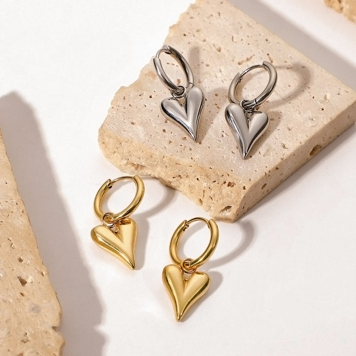 Pendientes con colgante de corazón en 3D bañados en oro de 14 quilates: joyería vintage de acero inoxidable y oro de moda para mujer