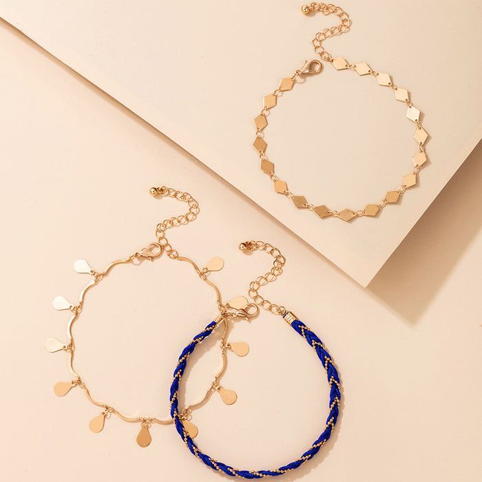 Ethnic Blue Braided Triple Layer Anklet with Diamond Water Drop Pendant