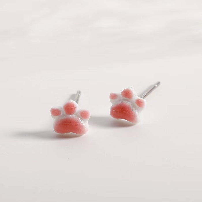 Pink cat claw ceramic earrings simple sweet style girls two-piece set