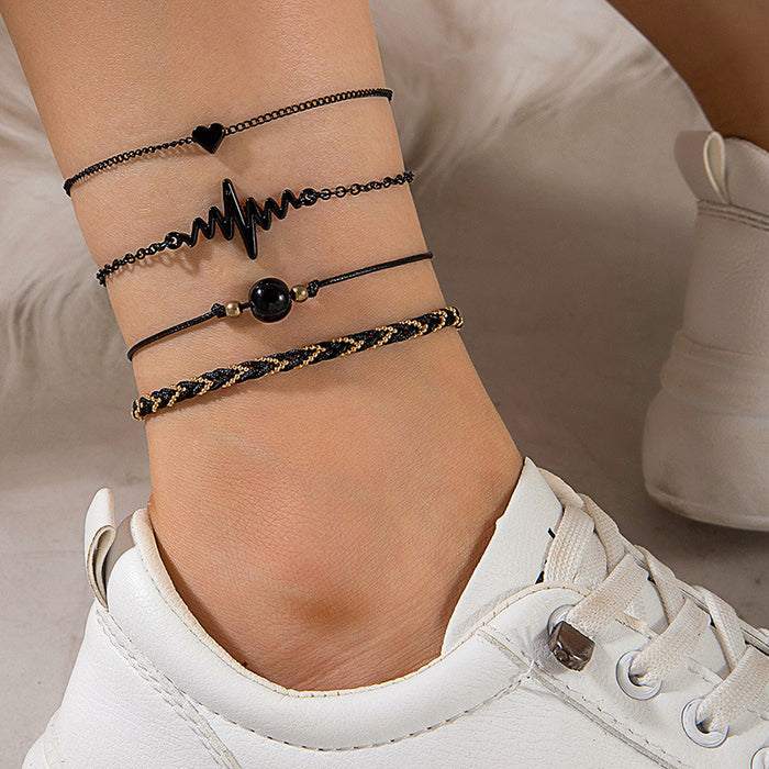 Trendy Heart Anklet Set – Multi-Layered Chains with Rhinestones for a Boho Chic Style