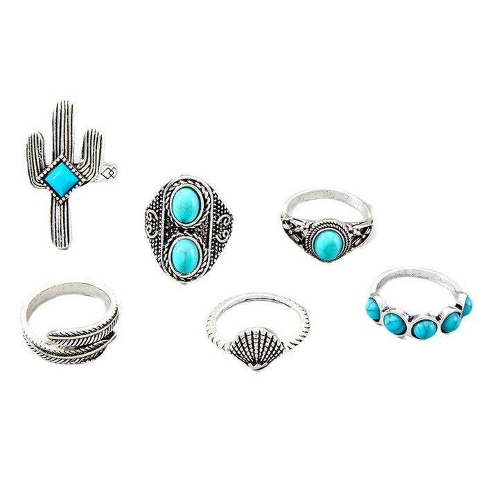 Bohemian Ring Set - 6pcs Vintage Flower Turquoise Rings