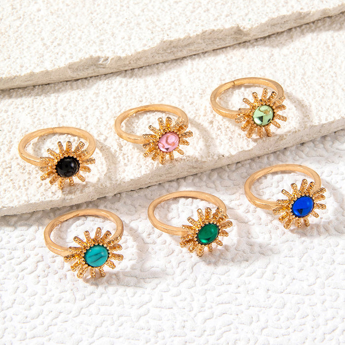 Colorful Gemstone Sun Ring Set - Trendy Turquoise Six-Piece Set for Women