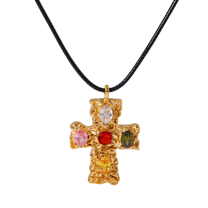 18K Gold-Plated Wax Cord Necklace - Hammered Cross with Colorful Zircon Inlay, Popular Design - wallojewerly 