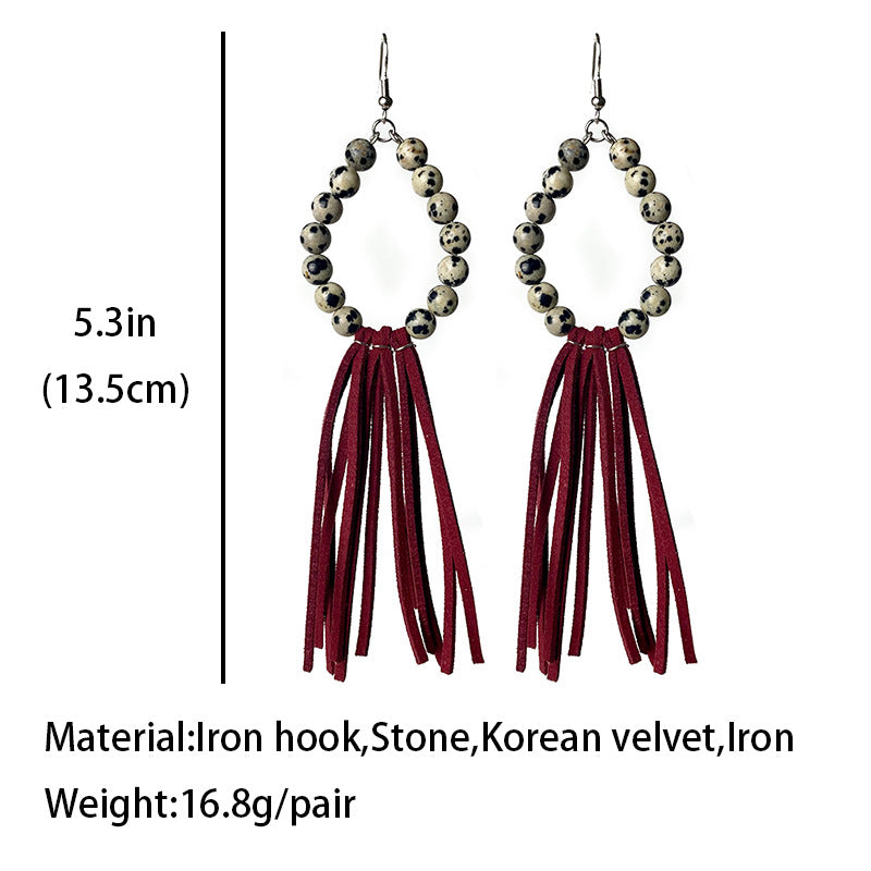 Natural Stone Bead and Leather Tassel Earrings with Western Texas Style