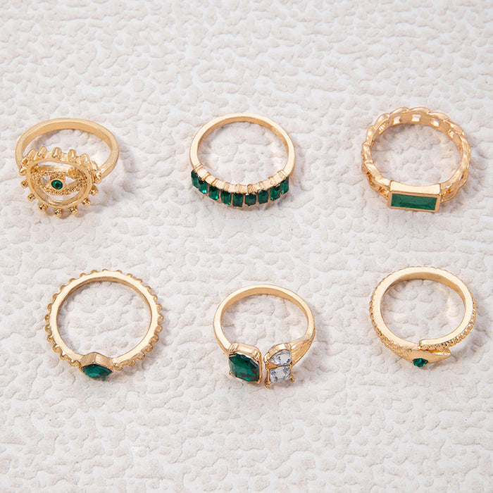 Retro Faux Emerald Rhinestone Ring Set - Snake Eye Six-Piece Set for Women