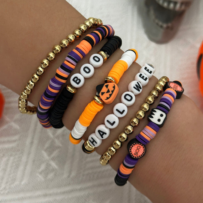 Wholesale Halloween Stackable Polymer Clay Bracelet Sets - Spooky Pumpkin, Ghost & Skull Spelled Beaded Stretch Bracelets
