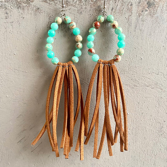 Western Leather Tassel Earrings with Cowboy Theme and Aztec Cutout