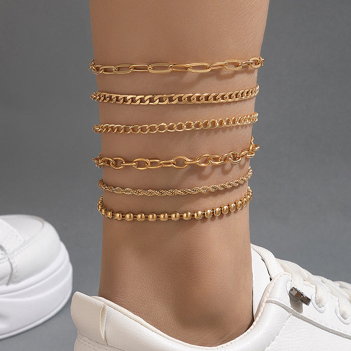 Alloy Chain Hollow Anklet Set with Geometric Bead Design