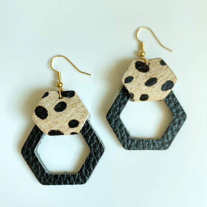 Leopard Print Cowhide Earrings with Round Geometric Wood and Leather