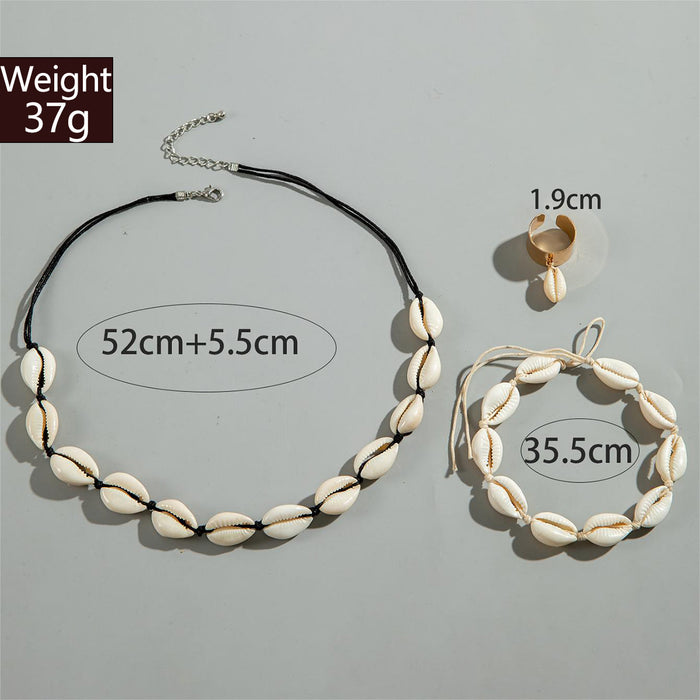 Beach Style Shell Necklace with Braided Bracelet Set - Four Pieces