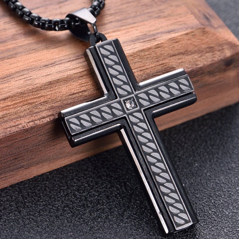 Corroded Stone Inlaid Chain Pattern Stainless Steel Cross Necklace - wallojewerly 