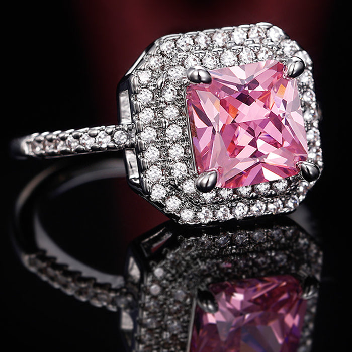 Anillo de racimo cuadrado de circonita rosa, joyería de lujo de alta gama para mujer