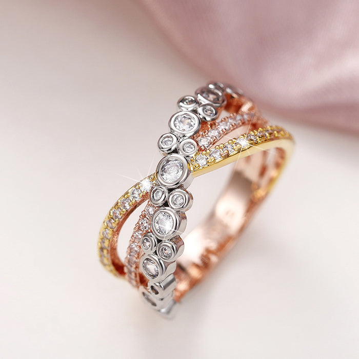 Electroplated three-color cross-X-shaped ring, micro-inlaid zircon European and American light luxury hand jewelry