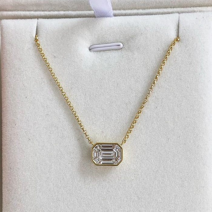 Collar de circonita rectangular con un solo diamante y diseño sencillo con cadena para clavícula