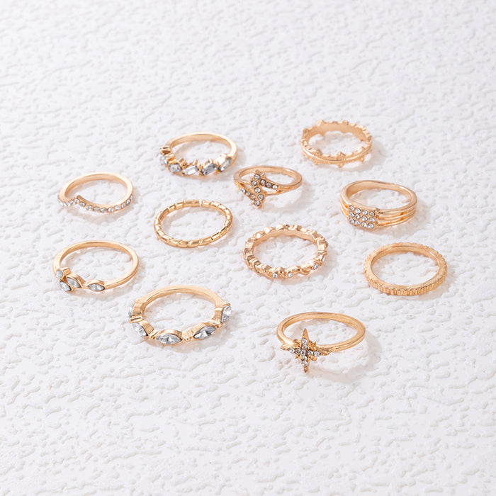 Star diamond geometric 11-piece fashion ring set