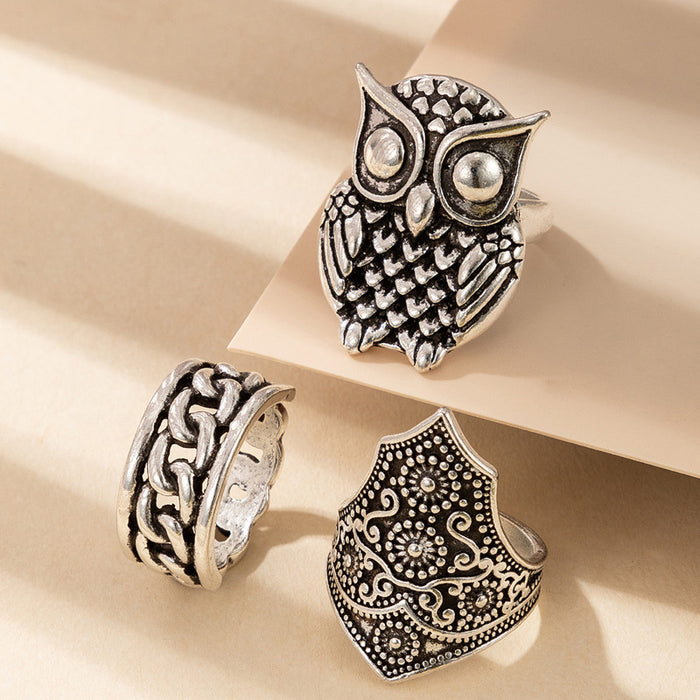 Vintage owl ring three-piece geometric chain totem combination