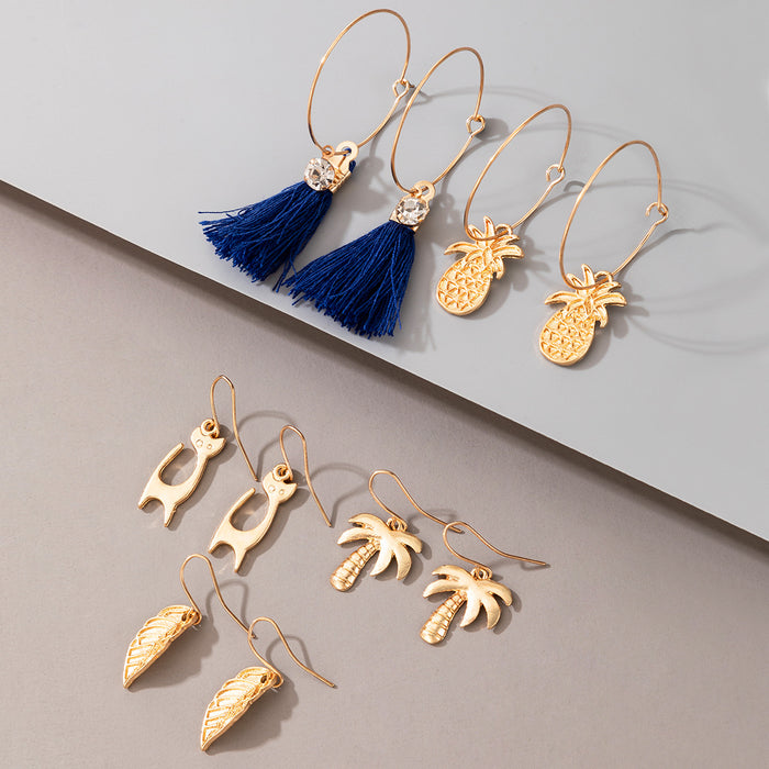 Blue tassel pineapple coconut tree combination animal earrings set