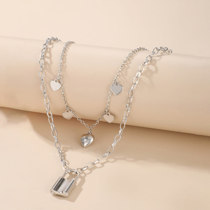 Lock Heart Pendant Double-Layer Necklace - Geometric Heart Chain Multilayer Choker