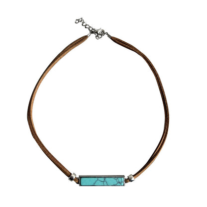 Minimalist Western Cowboy Necklace with Geometric Turquoise Pendant on Leather Cord