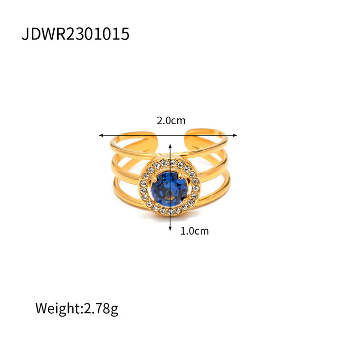 Anillo abierto de oro de 18 quilates con circonita azul redonda: estilo europeo y americano