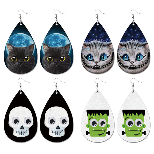 Halloween PU Leather Earrings with Blue Moon and Black Cat Design